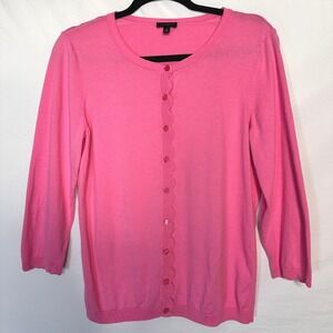 TALBOTS Pink Scalloped Preppy Cardigan Sweater Medium Barbiecore